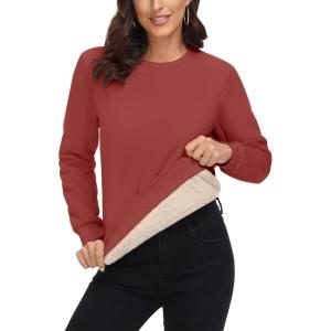 imageMAGCOMSEN Womens Sherpa Lined Sweatshirts Thermal Casual Crewneck Fleece Pullover Winter Warm Thick Long Sleeve TopsOrange Red