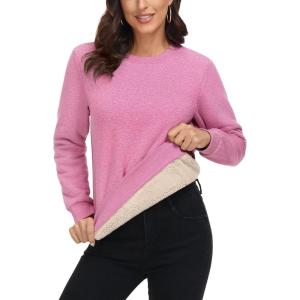 imageMAGCOMSEN Womens Sherpa Lined Sweatshirts Thermal Casual Crewneck Fleece Pullover Winter Warm Thick Long Sleeve TopsPink