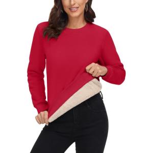 imageMAGCOMSEN Womens Sherpa Lined Sweatshirts Thermal Casual Crewneck Fleece Pullover Winter Warm Thick Long Sleeve TopsRed