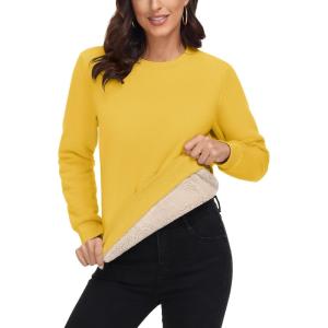 imageMAGCOMSEN Womens Sherpa Lined Sweatshirts Thermal Casual Crewneck Fleece Pullover Winter Warm Thick Long Sleeve TopsYellow