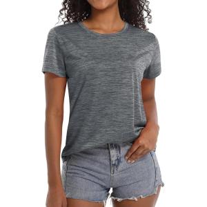 imageMAGCOMSEN Womens Workout Shirts Crewneck Short Sleeve Moisture Wicking Lightweight Tops for Gym Athletic SportsDark Grey