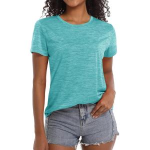 imageMAGCOMSEN Womens Workout Shirts Crewneck Short Sleeve Moisture Wicking Lightweight Tops for Gym Athletic SportsLight Green