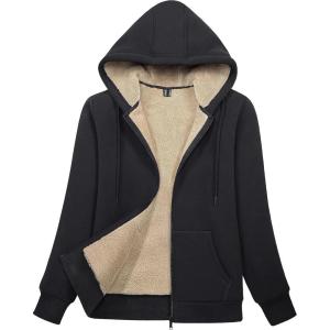 imageMAGCOMSEN Womens Zip Up Hoodies Sherpa Lined Fleece Thermal Jacket Full Zip Winter Warm Casual Thick Coats PocketsBlack