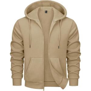 imageMAGCOMSEN Mens Fleece Lined Zip Up Hoodie Casual Fashion Hooded Jacket Lightweigt Athletic Sweatshirt with PocketKhaki