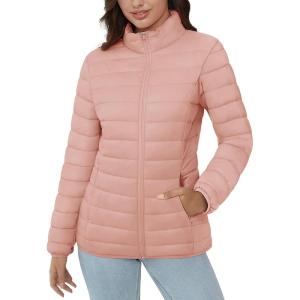 imageMAGCOMSEN Womens Puffer Jacket Lightweight Quilted Padded 4 Pockets Zipup Standcollar Winter Fleece CoatApricot