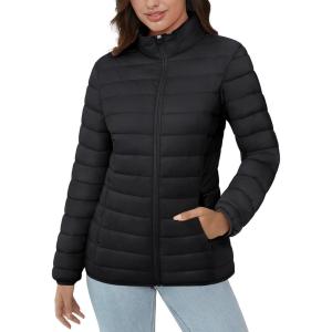 imageMAGCOMSEN Womens Puffer Jacket Lightweight Quilted Padded 4 Pockets Zipup Standcollar Winter Fleece CoatBlack
