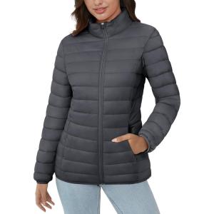 imageMAGCOMSEN Womens Puffer Jacket Lightweight Quilted Padded 4 Pockets Zipup Standcollar Winter Fleece CoatDark Grey