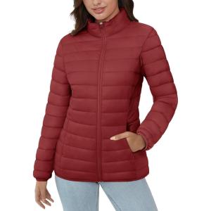 imageMAGCOMSEN Womens Puffer Jacket Lightweight Quilted Padded 4 Pockets Zipup Standcollar Winter Fleece CoatDeep Orange