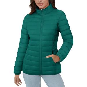 imageMAGCOMSEN Womens Puffer Jacket Lightweight Quilted Padded 4 Pockets Zipup Standcollar Winter Fleece CoatEmerald Green