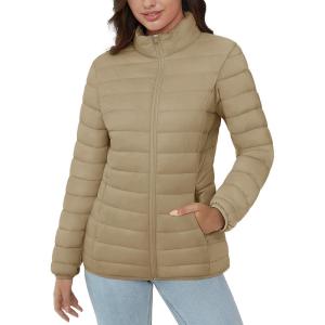 imageMAGCOMSEN Womens Puffer Jacket Lightweight Quilted Padded 4 Pockets Zipup Standcollar Winter Fleece CoatKhaki