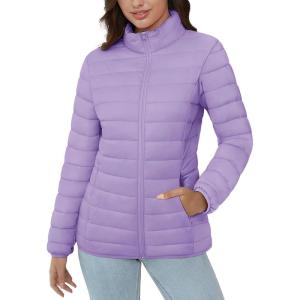 imageMAGCOMSEN Womens Puffer Jacket Lightweight Quilted Padded 4 Pockets Zipup Standcollar Winter Fleece CoatLight Purple