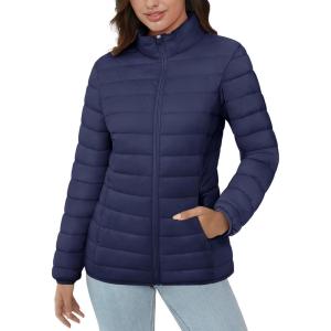 imageMAGCOMSEN Womens Puffer Jacket Lightweight Quilted Padded 4 Pockets Zipup Standcollar Winter Fleece CoatNavy Blue