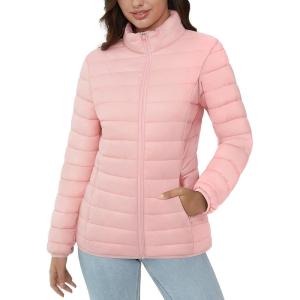 imageMAGCOMSEN Womens Puffer Jacket Lightweight Quilted Padded 4 Pockets Zipup Standcollar Winter Fleece CoatPink