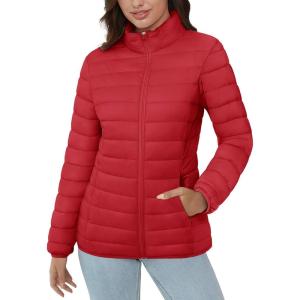 imageMAGCOMSEN Womens Puffer Jacket Lightweight Quilted Padded 4 Pockets Zipup Standcollar Winter Fleece CoatTomato Red