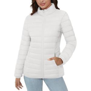 imageMAGCOMSEN Womens Puffer Jacket Lightweight Quilted Padded 4 Pockets Zipup Standcollar Winter Fleece CoatWhite