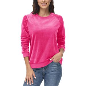 imageMAGCOMSEN Womens Velour Sweatshirts Crewneck Long Sleeve Casual Pullover Soft Warm Shirts Velvet Tops Winter FallRose Red