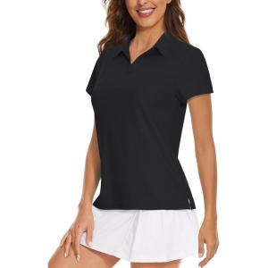 imageWomens Golf Polo Shirts V Neck UPF 50 Collared Short Sleeve Tennis Shirt Lightweight Quick Dry Sun Protection ShirtsBlack