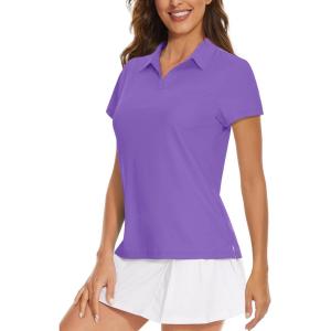 imageWomens Golf Polo Shirts V Neck UPF 50 Collared Short Sleeve Tennis Shirt Lightweight Quick Dry Sun Protection ShirtsLight Purple