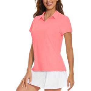 imageWomens Golf Polo Shirts V Neck UPF 50 Collared Short Sleeve Tennis Shirt Lightweight Quick Dry Sun Protection ShirtsPink