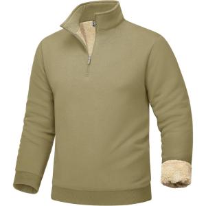 imageMAGCOMSEN Mens Sherpa Lined Quarter Zip Fleece Heavyweight Pullover Winter Warm SweatshirtsKhaki