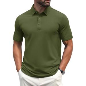 imageMAGCOMSEN Mens Polo Shirts Short Sleeve Cotton Pique Golf Shirt Casual Collared Shirt Lightweight Work Shirts with 3 ButtonsArmy Green