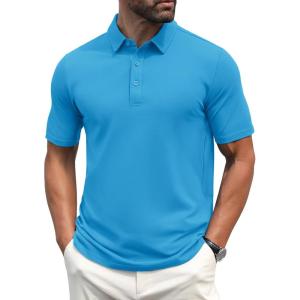 imageMAGCOMSEN Mens Polo Shirts Short Sleeve Cotton Pique Golf Shirt Casual Collared Shirt Lightweight Work Shirts with 3 ButtonsAzure