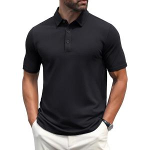 imageMAGCOMSEN Mens Polo Shirts Short Sleeve Cotton Pique Golf Shirt Casual Collared Shirt Lightweight Work Shirts with 3 ButtonsBlack