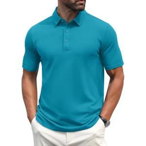 imageMAGCOMSEN Mens Polo Shirts Short Sleeve Cotton Pique Golf Shirt Casual Collared Shirt Lightweight Work Shirts with 3 ButtonsBlue Green