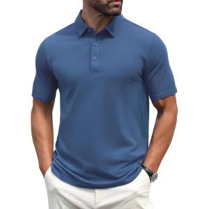 imageMAGCOMSEN Mens Polo Shirts Short Sleeve Cotton Pique Golf Shirt Casual Collared Shirt Lightweight Work Shirts with 3 ButtonsBlue Grey