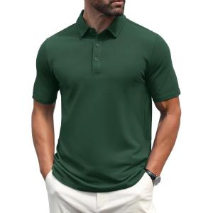 imageMAGCOMSEN Mens Polo Shirts Short Sleeve Cotton Pique Golf Shirt Casual Collared Shirt Lightweight Work Shirts with 3 ButtonsDark Green