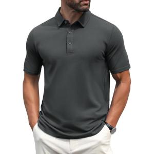 imageMAGCOMSEN Mens Polo Shirts Short Sleeve Cotton Pique Golf Shirt Casual Collared Shirt Lightweight Work Shirts with 3 ButtonsDark Grey