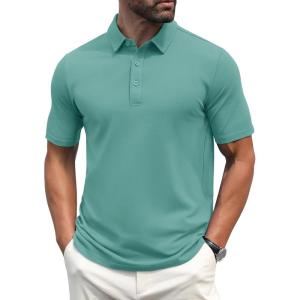 imageMAGCOMSEN Mens Polo Shirts Short Sleeve Cotton Pique Golf Shirt Casual Collared Shirt Lightweight Work Shirts with 3 ButtonsGrey Green