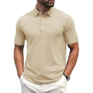 imageMAGCOMSEN Mens Polo Shirts Short Sleeve Cotton Pique Golf Shirt Casual Collared Shirt Lightweight Work Shirts with 3 ButtonsKhaki