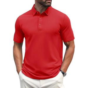 imageMAGCOMSEN Mens Polo Shirts Short Sleeve Cotton Pique Golf Shirt Casual Collared Shirt Lightweight Work Shirts with 3 ButtonsRed