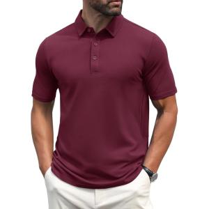 imageMAGCOMSEN Mens Polo Shirts Short Sleeve Cotton Pique Golf Shirt Casual Collared Shirt Lightweight Work Shirts with 3 ButtonsWine Red