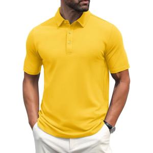 imageMAGCOMSEN Mens Polo Shirts Short Sleeve Cotton Pique Golf Shirt Casual Collared Shirt Lightweight Work Shirts with 3 ButtonsYellow