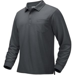 imageMAGCOMSEN Mens Polo Shirts with Pocket Long Sleeve Golf Quick Dry Shirts Performance Athletic Work Casual Collared ShirtDark Grey