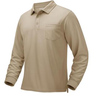 imageMAGCOMSEN Mens Polo Shirts with Pocket Long Sleeve Golf Quick Dry Shirts Performance Athletic Work Casual Collared ShirtKhaki