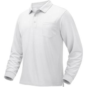 imageMAGCOMSEN Mens Polo Shirts with Pocket Long Sleeve Golf Quick Dry Shirts Performance Athletic Work Casual Collared ShirtWhite