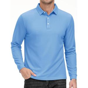 imageMAGCOMSEN Mens Polo Shirt Long Sleeve Golf Shirts Quick Dry Lightweight 3Button Performance Work Fishing AthleticSky Blue