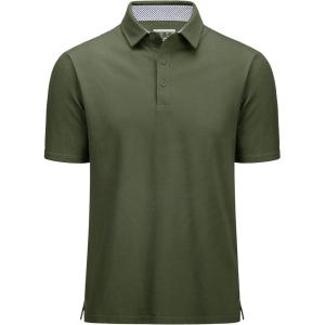 imageMAGCOMSEN Mens Polo Shirts Short Sleeve Cotton Pique 3 Button Classic Fit Casual TShirt Performance Golf ShirtsArmy Green