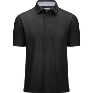 imageMAGCOMSEN Mens Polo Shirts Short Sleeve Cotton Pique 3 Button Classic Fit Casual TShirt Performance Golf ShirtsBlack