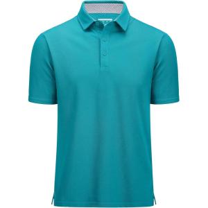 imageMAGCOMSEN Mens Polo Shirts Short Sleeve Cotton Pique 3 Button Classic Fit Casual TShirt Performance Golf ShirtsBlue Green
