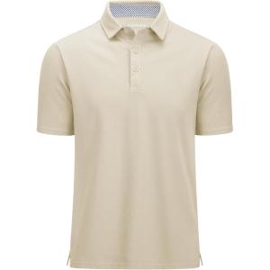 imageMAGCOMSEN Mens Polo Shirts Short Sleeve Cotton Pique 3 Button Classic Fit Casual TShirt Performance Golf ShirtsKhaki