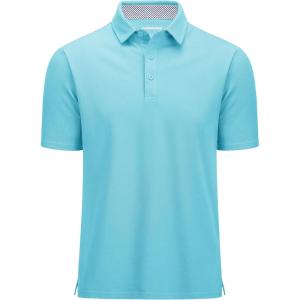 imageMAGCOMSEN Mens Polo Shirts Short Sleeve Cotton Pique 3 Button Classic Fit Casual TShirt Performance Golf ShirtsSky Blue
