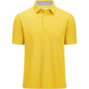 imageMAGCOMSEN Mens Polo Shirts Short Sleeve Cotton Pique 3 Button Classic Fit Casual TShirt Performance Golf ShirtsYellow