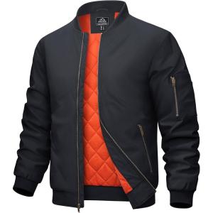 imageMAGCOMSEN Mens Bomber Jacket Warm Zip Up Spring Coat Lightweight Casual Windbreaker Pilot Jacket with PocketsBlack