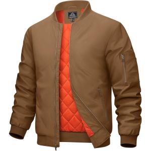 imageMAGCOMSEN Mens Bomber Jacket Warm Zip Up Spring Coat Lightweight Casual Windbreaker Pilot Jacket with PocketsBrown