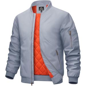 imageMAGCOMSEN Mens Bomber Jacket Warm Zip Up Spring Coat Lightweight Casual Windbreaker Pilot Jacket with PocketsLight Grey