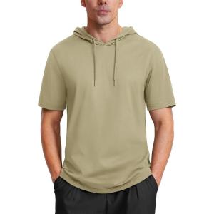 imageMAGCOMSEN Mens Short Sleeve Hoodie Cotton Hooded T Shirts Lightweight Sweatshirt Hoodies PulloverKhaki